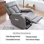 Grand fauteuil inclinable motorisé, inclinable de massage en similicuir gris avec oreiller et poches latérales, pour personnes âgées, salon