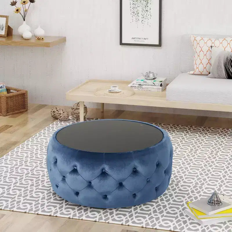 TUYOHW Pouf moderne avec plateau en verre, table basse ronde en velours touffeté avec capitonnage en losange, tabouret pour salon, chambre à coucher