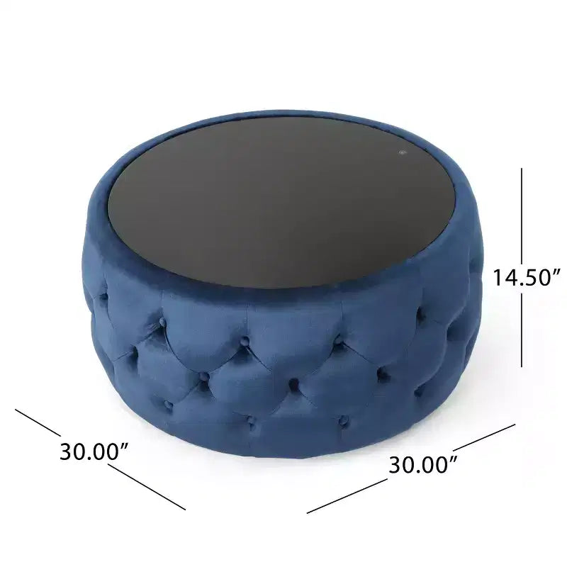 TUYOHW Pouf moderne avec plateau en verre, table basse ronde en velours touffeté avec capitonnage en losange, tabouret pour salon, chambre à coucher