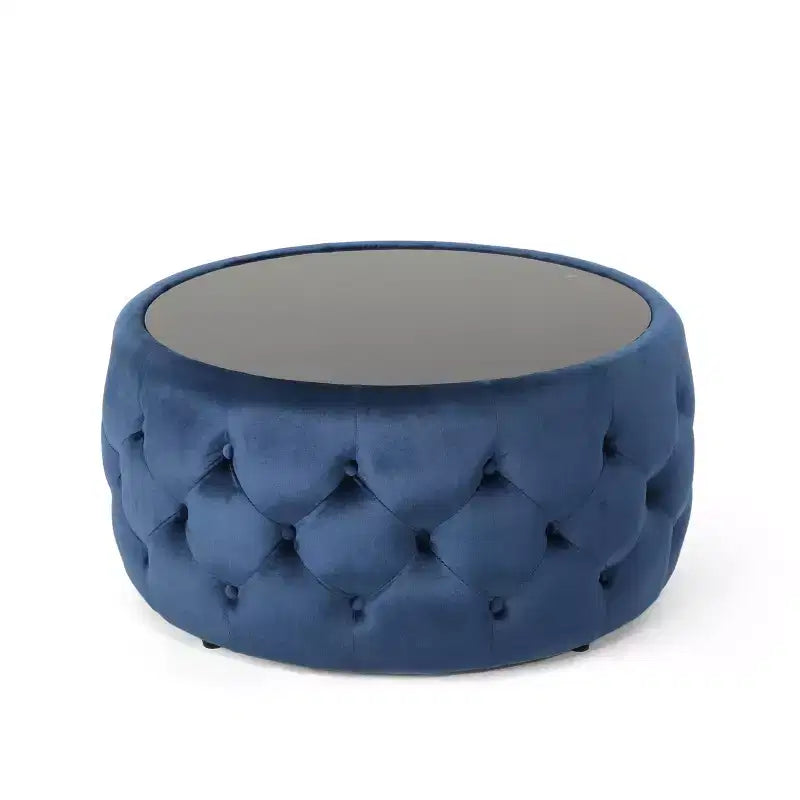 TUYOHW Pouf moderne avec plateau en verre, table basse ronde en velours touffeté avec capitonnage en losange, tabouret pour salon, chambre à coucher