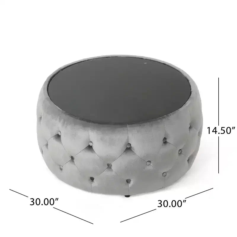 TUYOHW Pouf moderne avec plateau en verre, table basse ronde en velours touffeté avec capitonnage en losange, tabouret pour salon, chambre à coucher