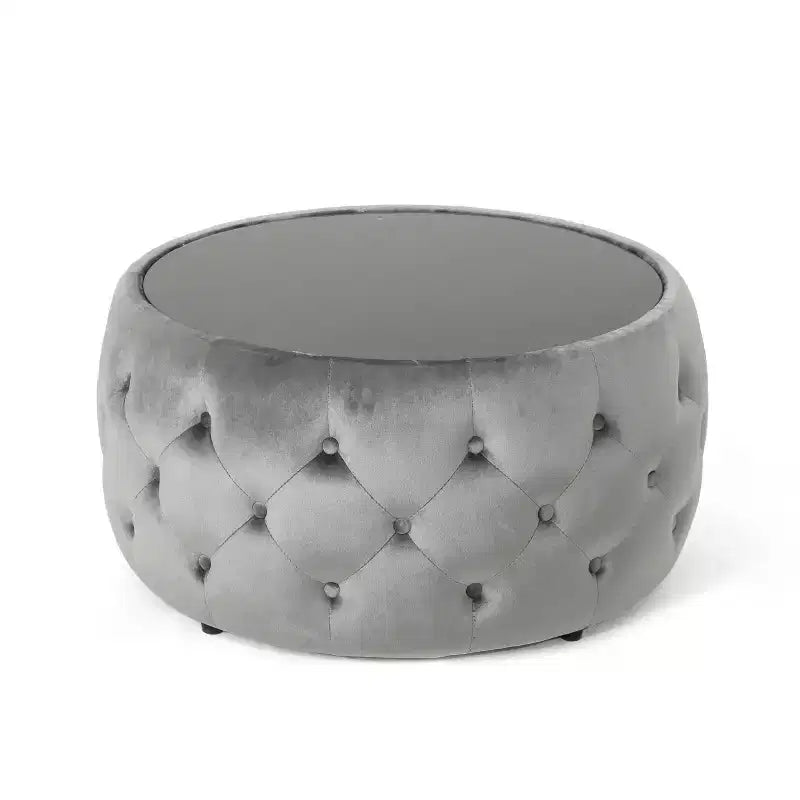 TUYOHW Pouf moderne avec plateau en verre, table basse ronde en velours touffeté avec capitonnage en losange, tabouret pour salon, chambre à coucher
