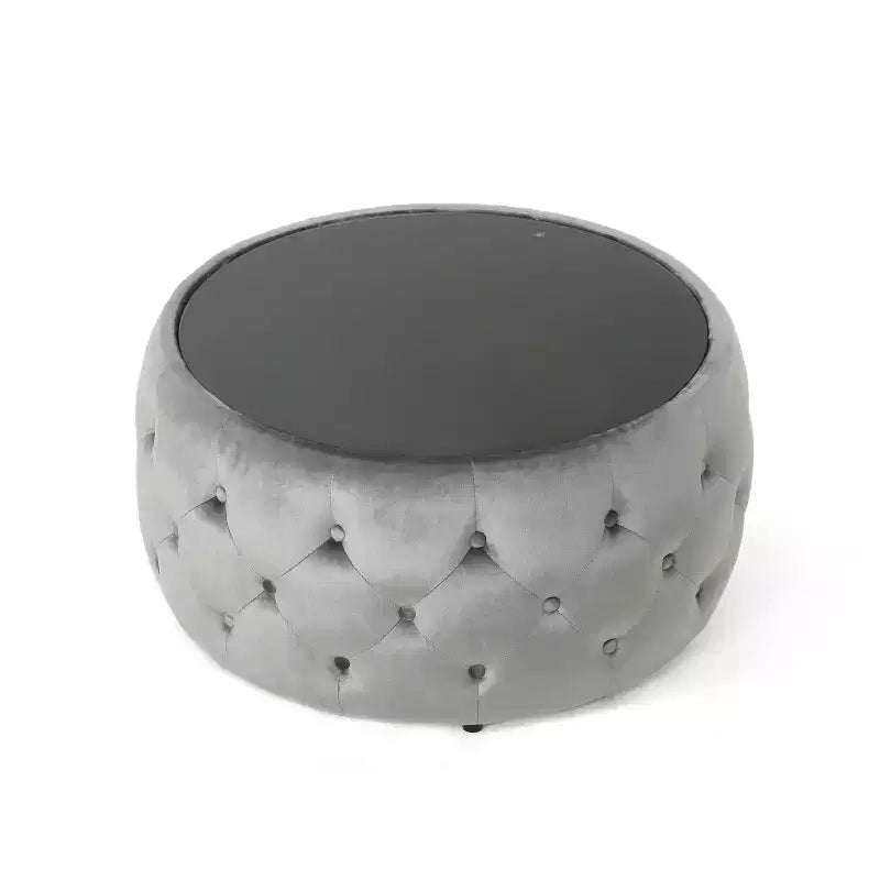 TUYOHW Pouf moderne avec plateau en verre, table basse ronde en velours touffeté avec capitonnage en losange, tabouret pour salon, chambre à coucher