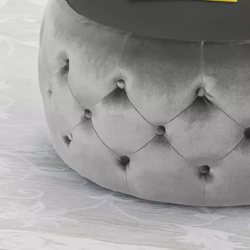TUYOHW Pouf moderne avec plateau en verre, table basse ronde en velours touffeté avec capitonnage en losange, tabouret pour salon, chambre à coucher