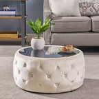 TUYOHW Pouf moderne avec plateau en verre, table basse ronde en velours touffeté avec capitonnage en losange, tabouret pour salon, chambre à coucher