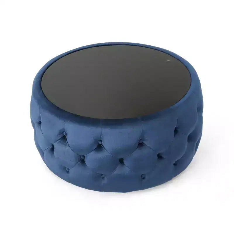 TUYOHW Pouf moderne avec plateau en verre, table basse ronde en velours touffeté avec capitonnage en losange, tabouret pour salon, chambre à coucher