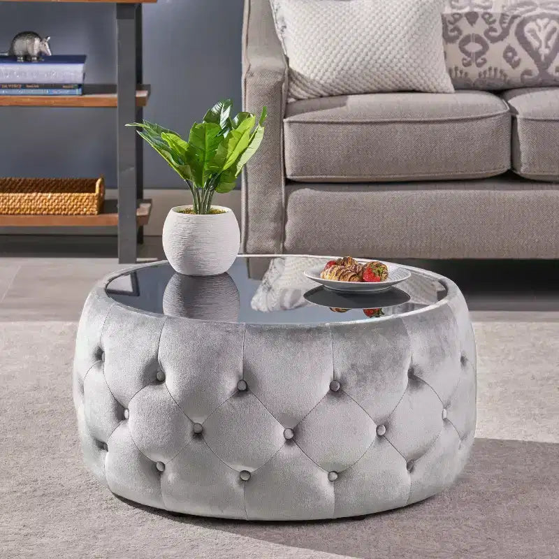 TUYOHW Pouf moderne avec plateau en verre, table basse ronde en velours touffeté avec capitonnage en losange, tabouret pour salon, chambre à coucher