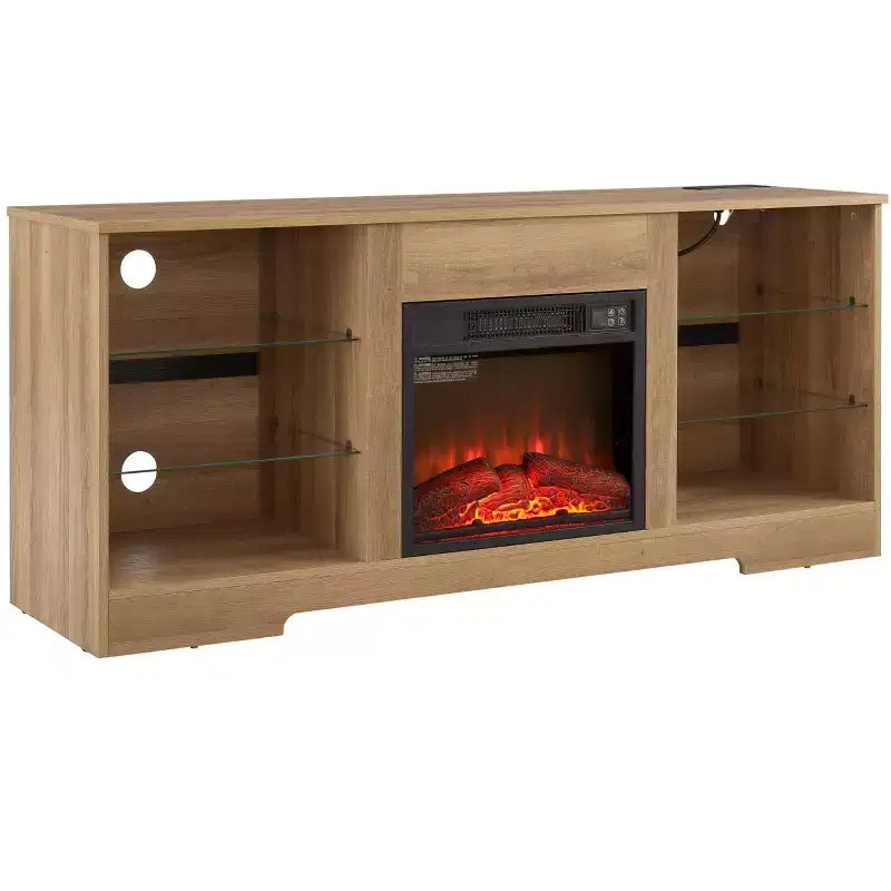 Meuble TV Foyer 3D TUYOHW avec Lumières LED pour TV jusqu'à 60 Pouces, Prise de Chargement USB et Étagères en Verre
