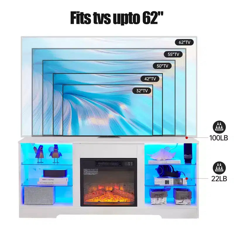 Meuble TV Foyer 3D TUYOHW avec Lumières LED pour TV jusqu'à 60 Pouces, Prise de Chargement USB et Étagères en Verre