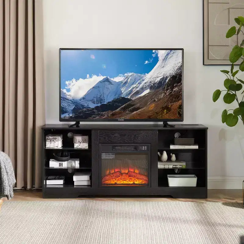 Meuble TV Foyer 3D TUYOHW avec Lumières LED pour TV jusqu'à 60 Pouces, Prise de Chargement USB et Étagères en Verre