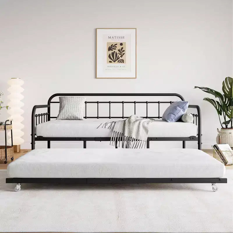 Cadre de lit de repos en métal de taille double MAYEERTY avec lit gigogne, plateforme de canapé-lit robuste, pas besoin de sommier tapissier, noir