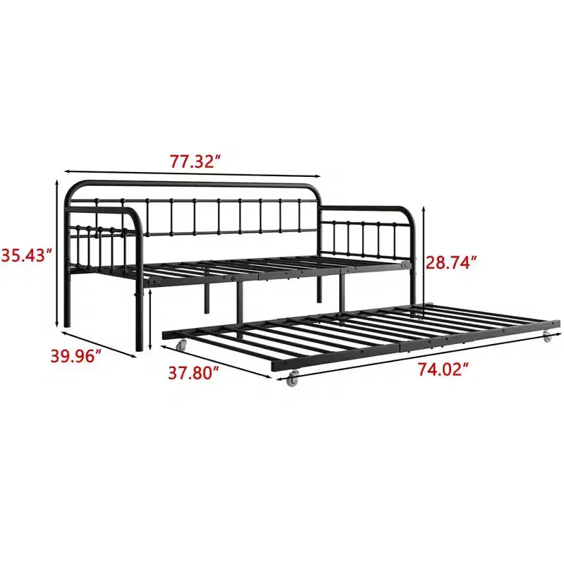 Cadre de lit de repos en métal de taille double MAYEERTY avec lit gigogne, plateforme de canapé-lit robuste, pas besoin de sommier tapissier, noir