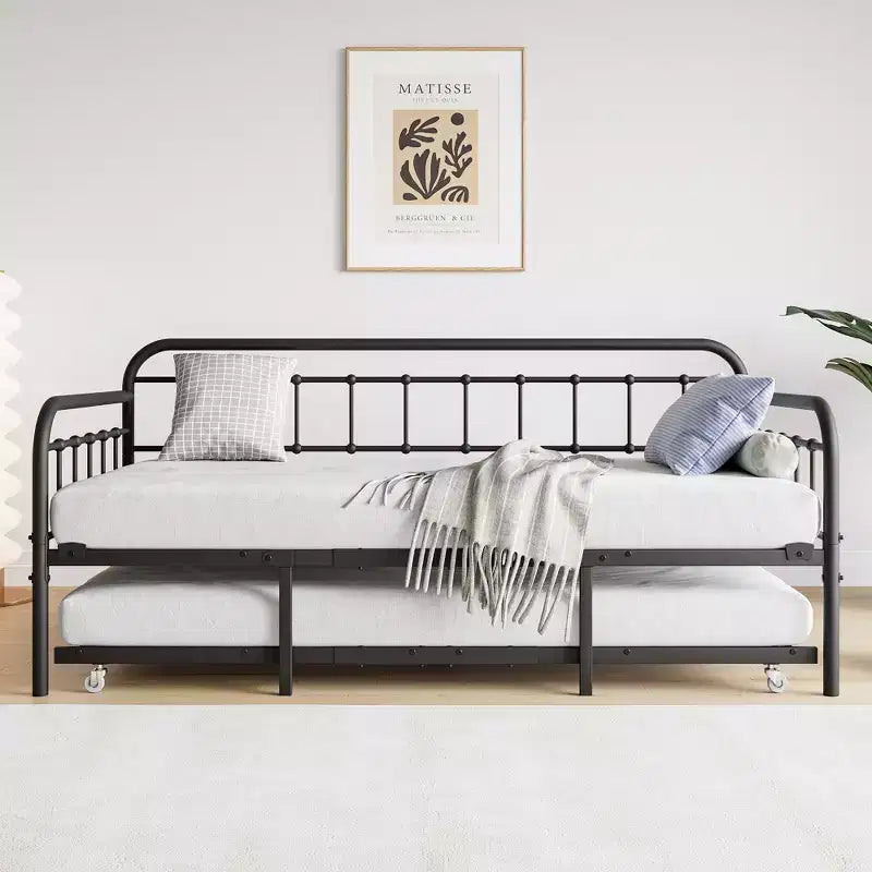 Cadre de lit de repos en métal de taille double MAYEERTY avec lit gigogne, plateforme de canapé-lit robuste, pas besoin de sommier tapissier, noir