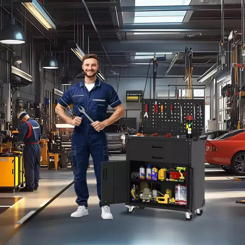 Meuble de rangement à roulettes robuste COZONY avec 2 tiroirs et panneau perforé, établi de garage verrouillable pour atelier