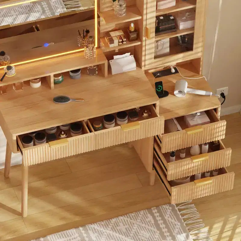 COZONY Coiffeuse 5 tiroirs avec lumières et prise de courant, table de maquillage cannelée avec miroir éclairé de 23,6 pouces