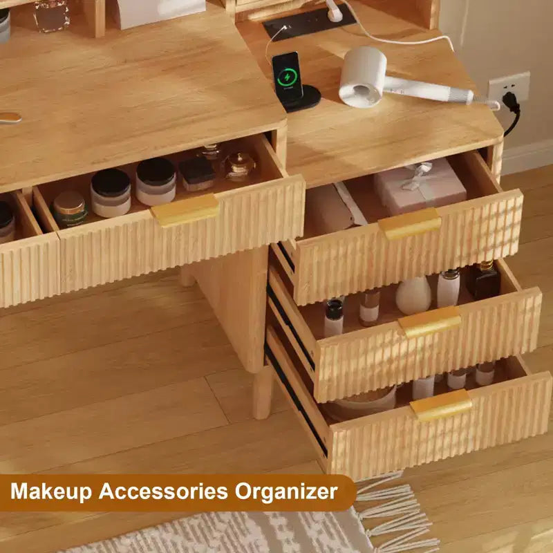 COZONY Coiffeuse 5 tiroirs avec lumières et prise de courant, table de maquillage cannelée avec miroir éclairé de 23,6 pouces