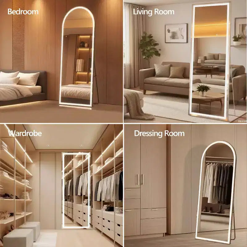 Miroir pleine longueur moderne TUYOHW avec LED 3 couleurs réglables, miroir mural, miroir sur pied ou à poser pour salon, chambre à coucher, noir