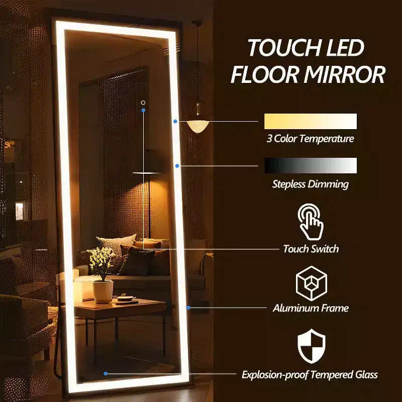Miroir pleine longueur moderne TUYOHW avec LED 3 couleurs réglables, miroir mural, miroir sur pied ou à poser pour salon, chambre à coucher, noir