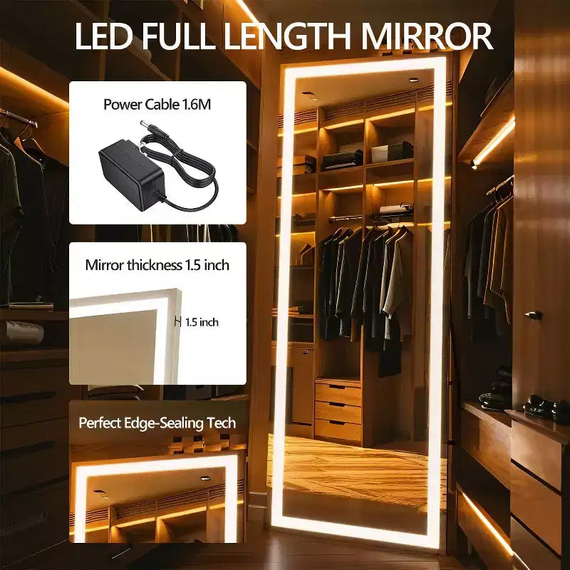 Miroir pleine longueur moderne TUYOHW avec LED 3 couleurs réglables, miroir mural, miroir sur pied ou à poser pour salon, chambre à coucher, noir