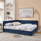 MAYEERTY Cadre de lit Queen Size rembourré capitonné avec dossier et accoudoirs en velours pour chambre à coucher, bleu