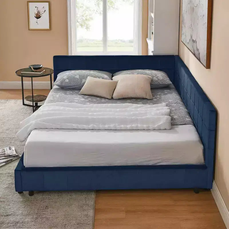 MAYEERTY Cadre de lit Queen Size rembourré capitonné avec dossier et accoudoirs en velours pour chambre à coucher, bleu