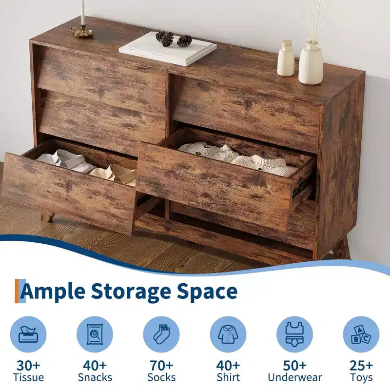 Commode 6 tiroirs COZONY 47 po de large, buffet horizontal autonome pour salon, chambre et entrée