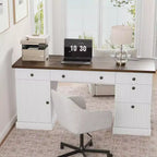 Bureau de télétravail de 60 po, bureau de direction cannelé avec tiroirs-classeurs, bureau d'ordinateur en bois avec station de recharge pour salle d'étude