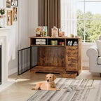 48Farmhouse Meuble Caisse pour Chien avec Gamelle Rétractable et Tiroirs de Rangement, Meuble Niche Robuste pour Chiens de Petite et Moyenne Taille, Utilisation Intérieure