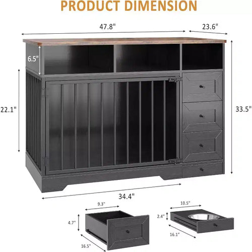 48Farmhouse Meuble Caisse pour Chien avec Gamelle Rétractable et Tiroirs de Rangement, Meuble Niche Robuste pour Chiens de Petite et Moyenne Taille, Utilisation Intérieure