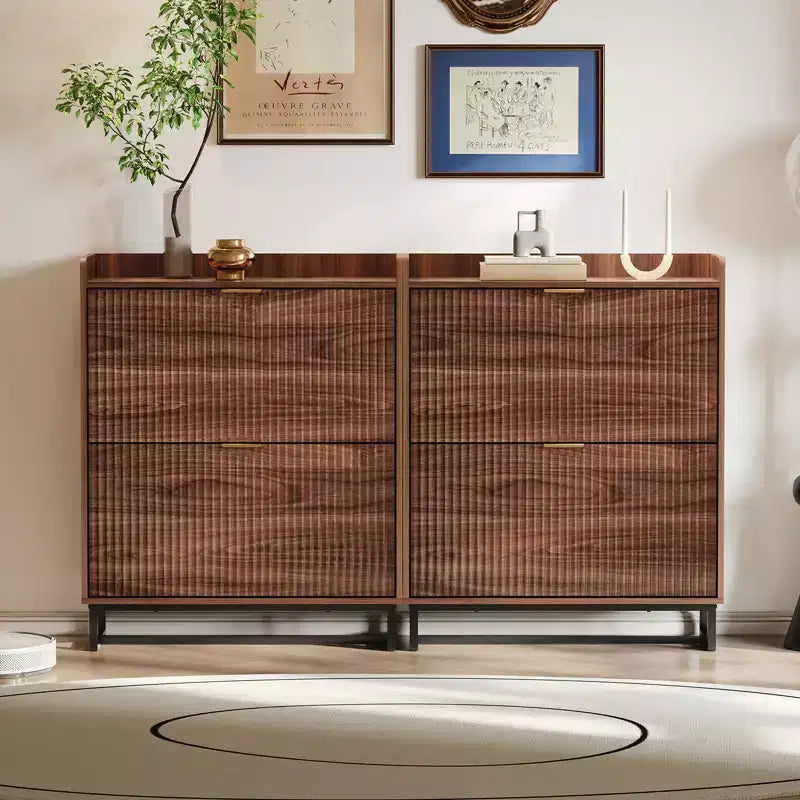 Meuble à chaussures Garvee avec 2 tiroirs basculants, meuble de rangement étroit en bois cannelé dissimulé pour entrée, Noyer