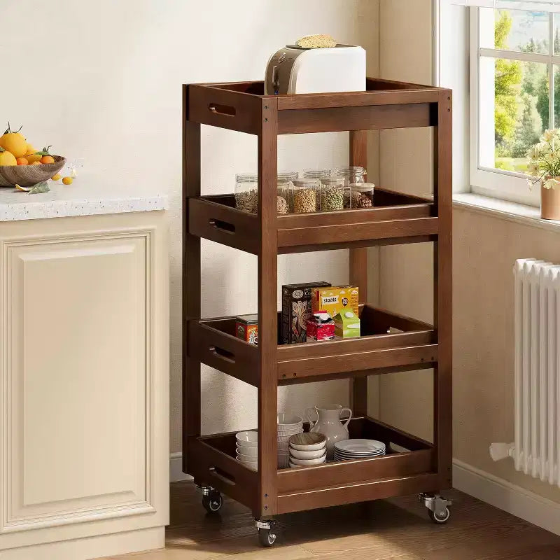 Chariot de rangement en bois massif Lantine, chariot de cuisine mobile mince à roulettes à 4 niveaux pour petits espaces, salon, salle à manger, buanderie, noyer