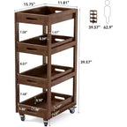 Chariot de rangement en bois massif Lantine, chariot de cuisine mobile mince à roulettes à 4 niveaux pour petits espaces, salon, salle à manger, buanderie, noyer