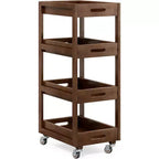 Chariot de rangement en bois massif Lantine, chariot de cuisine mobile mince à roulettes à 4 niveaux pour petits espaces, salon, salle à manger, buanderie, noyer