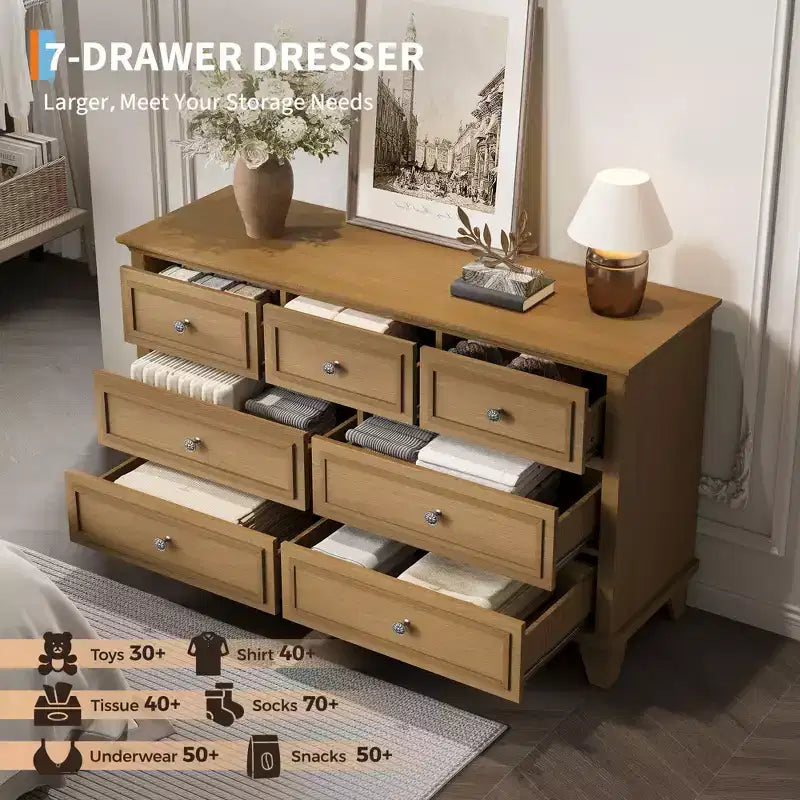 Commode COZONY à 7 tiroirs, Grande commode en bois avec poignées en métal, Meuble de rangement/Meuble TV pour chambre à coucher, salon, entrée