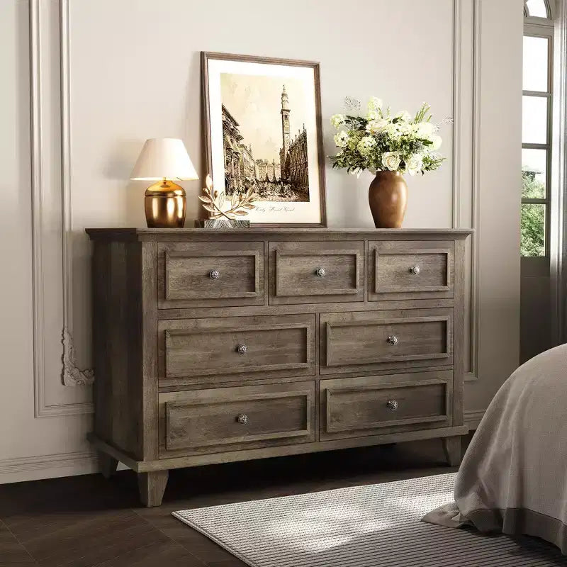Commode COZONY à 7 tiroirs, Grande commode en bois avec poignées en métal, Meuble de rangement/Meuble TV pour chambre à coucher, salon, entrée