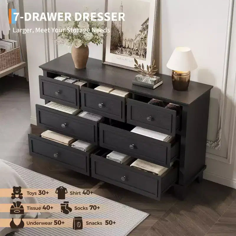 Commode COZONY à 7 tiroirs, Grande commode en bois avec poignées en métal, Meuble de rangement/Meuble TV pour chambre à coucher, salon, entrée