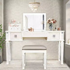 Coiffeuse Okak avec tabouret rembourré, coiffeuse pour filles avec miroir relevable et 2 tiroirs, table de maquillage pour salon, chambre à coucher, blanc