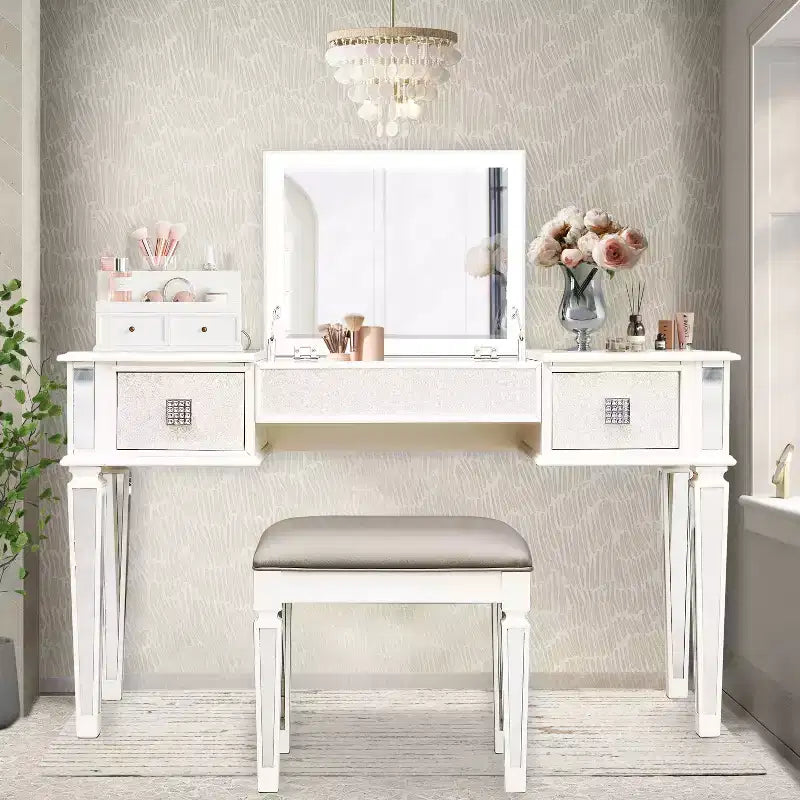 Coiffeuse Okak avec tabouret rembourré, coiffeuse pour filles avec miroir relevable et 2 tiroirs, table de maquillage pour salon, chambre à coucher, blanc