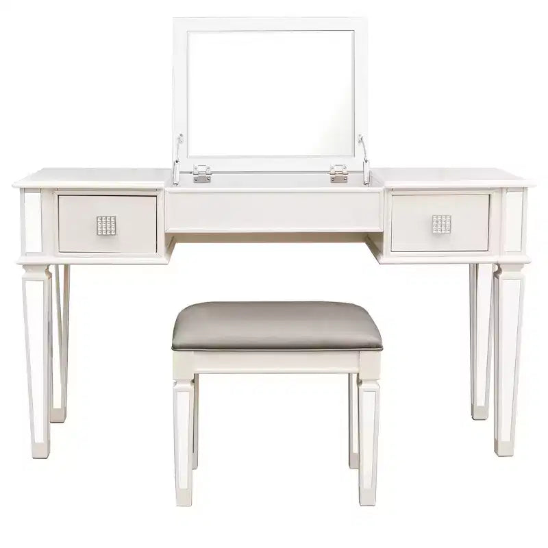 Coiffeuse Okak avec tabouret rembourré, coiffeuse pour filles avec miroir relevable et 2 tiroirs, table de maquillage pour salon, chambre à coucher, blanc