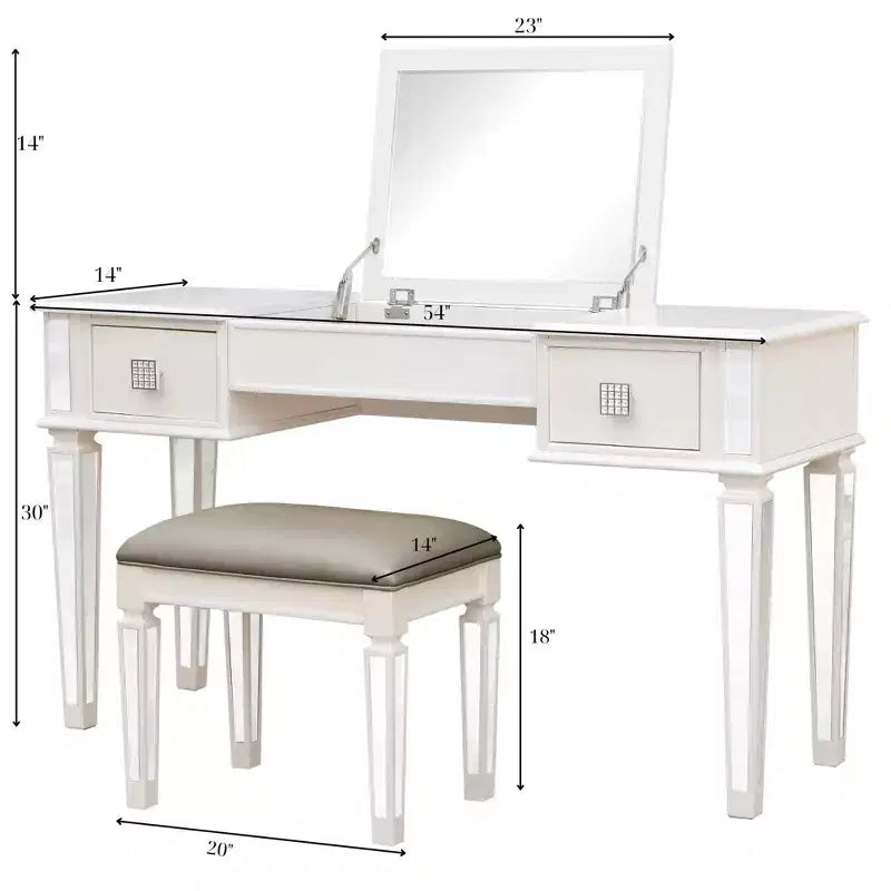 Coiffeuse Okak avec tabouret rembourré, coiffeuse pour filles avec miroir relevable et 2 tiroirs, table de maquillage pour salon, chambre à coucher, blanc