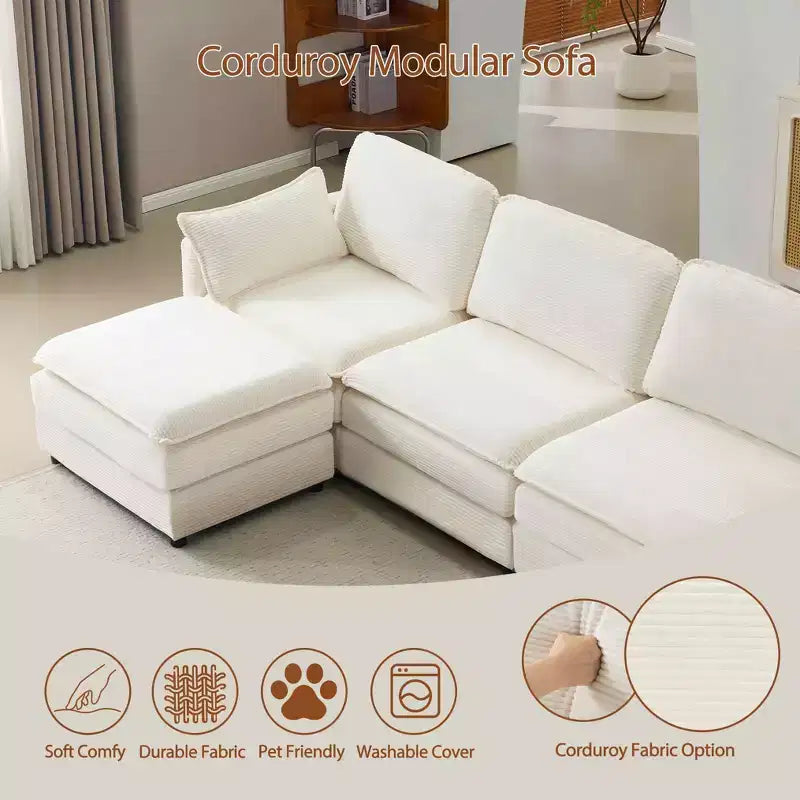 MAYEERTY Canapé modulaire en peluche Cloud de 54 pouces, simple avec ottoman, coussin et oreiller en chenille beige, compact pour la maison
