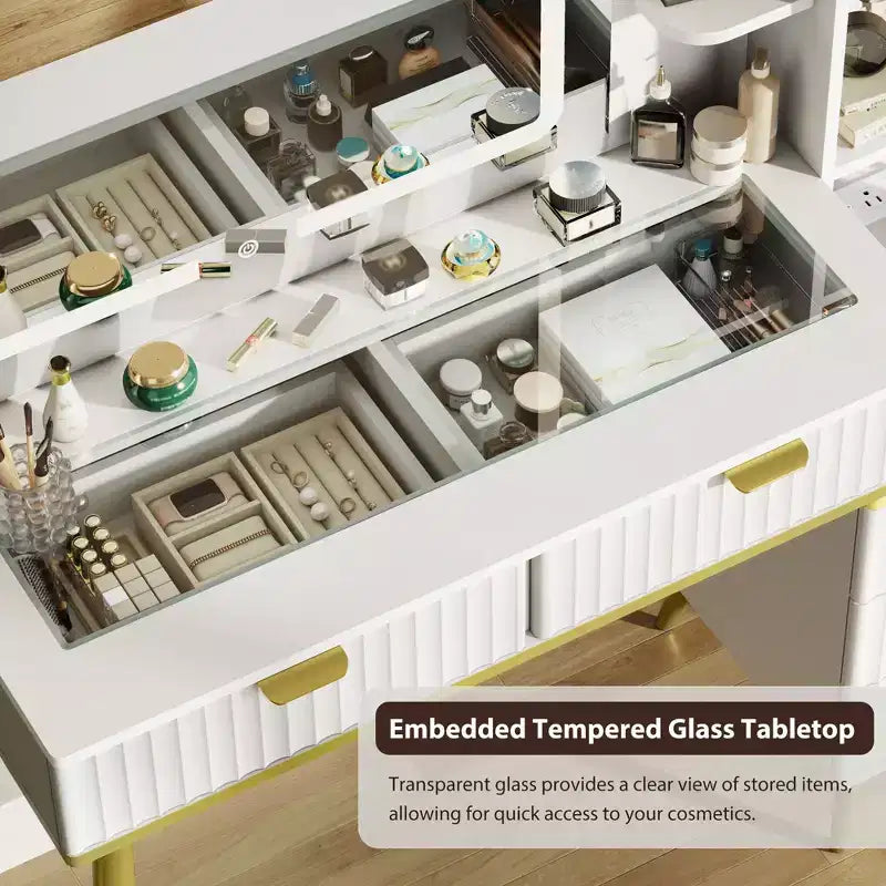 Coiffeuse de maquillage de 48" avec plateau en verre, grande coiffeuse moderne avec miroir 3 modes d'éclairage et 5 tiroirs