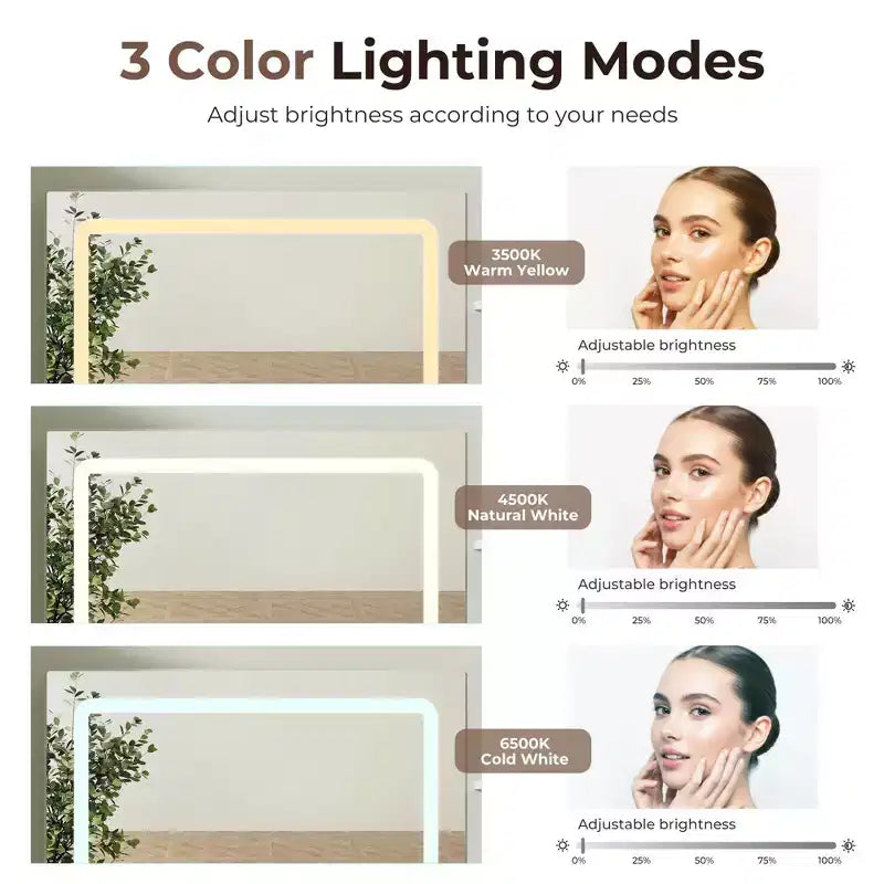 Coiffeuse de maquillage de 48" avec plateau en verre, grande coiffeuse moderne avec miroir 3 modes d'éclairage et 5 tiroirs