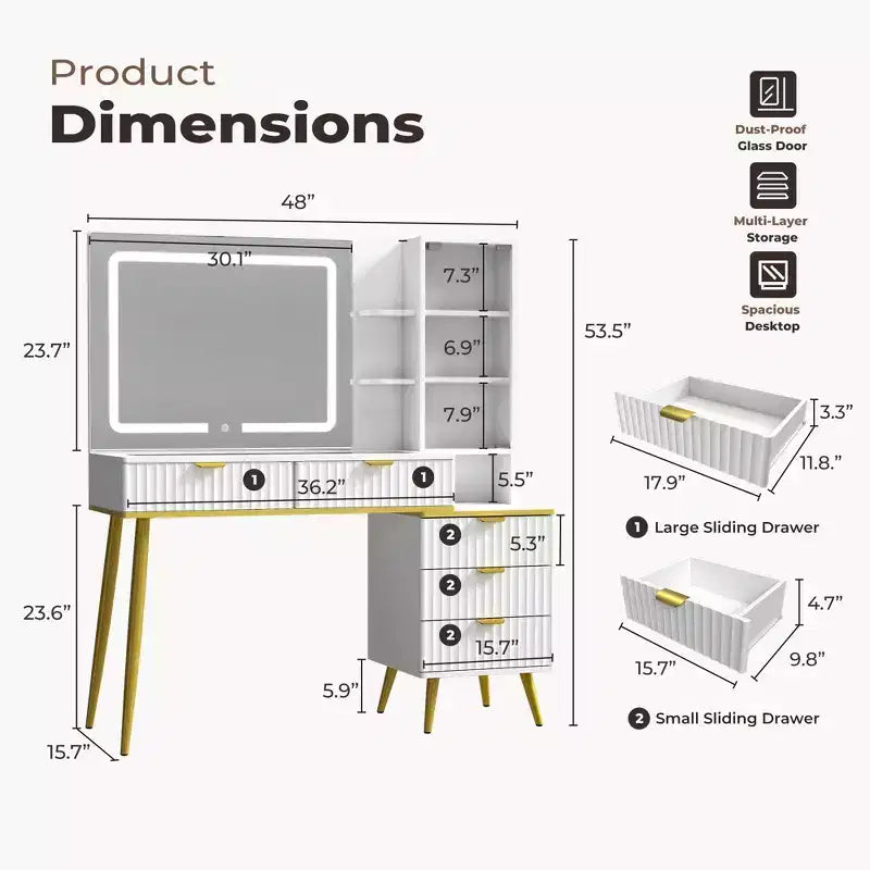 Coiffeuse de maquillage de 48" avec plateau en verre, grande coiffeuse moderne avec miroir 3 modes d'éclairage et 5 tiroirs