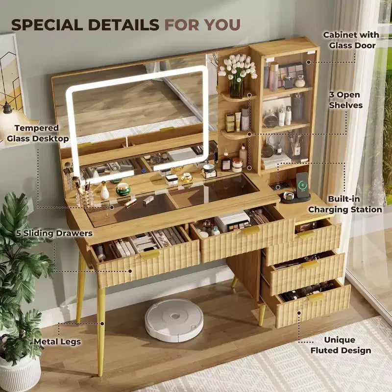 Coiffeuse de maquillage de 48" avec plateau en verre, grande coiffeuse moderne avec miroir 3 modes d'éclairage et 5 tiroirs