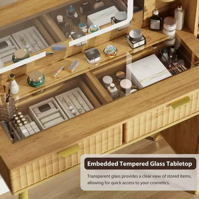 Coiffeuse de maquillage de 48" avec plateau en verre, grande coiffeuse moderne avec miroir 3 modes d'éclairage et 5 tiroirs