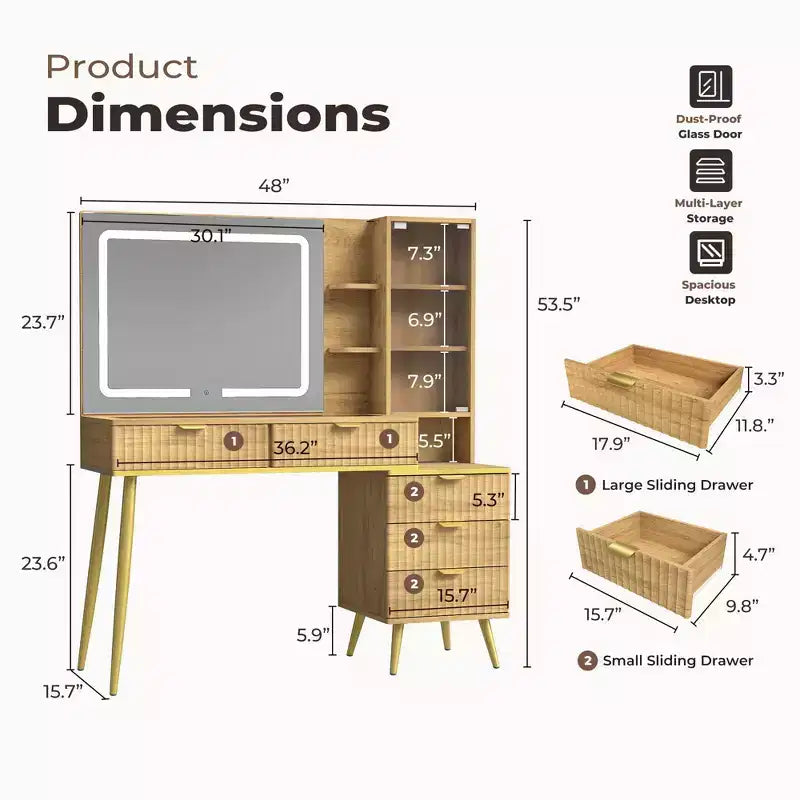 Coiffeuse de maquillage de 48" avec plateau en verre, grande coiffeuse moderne avec miroir 3 modes d'éclairage et 5 tiroirs