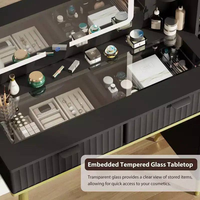 Coiffeuse de maquillage de 48" avec plateau en verre, grande coiffeuse moderne avec miroir 3 modes d'éclairage et 5 tiroirs
