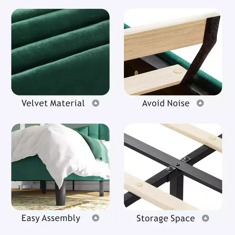 Lit rembourré élégant en velours Okak pour grand lit/très grand lit avec tête de lit réglable pour chambre principale, aucun sommier tapissier requis
