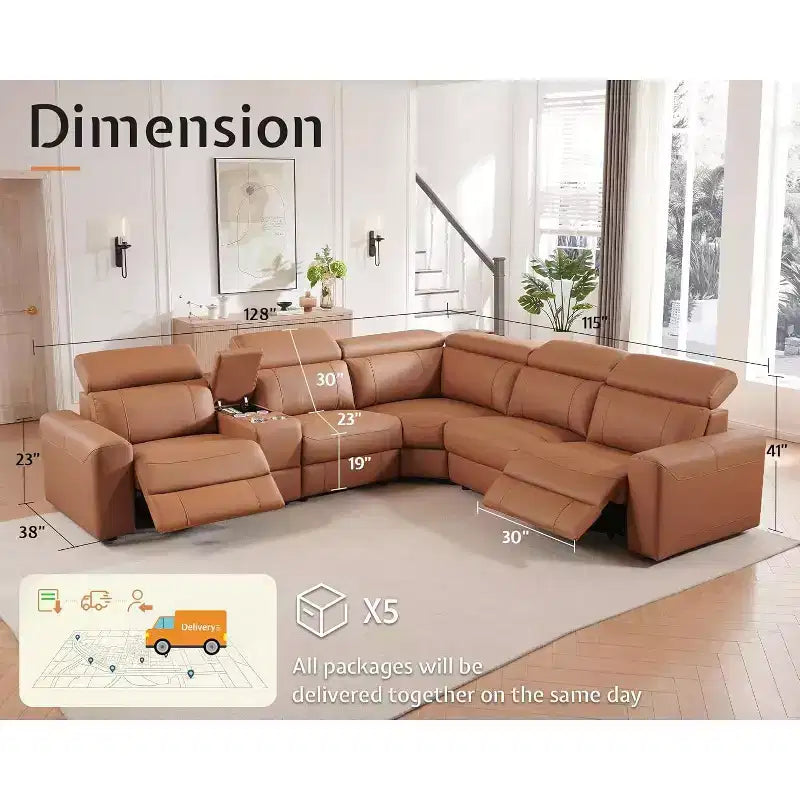 Canapé inclinable électrique AMERLIFE avec console, deux fauteuils inclinables électriques, canapé d'angle en cuir pour salon, marron
